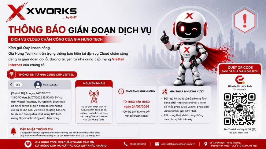 📢 THÔNG BÁO GIÁN ĐOẠN TẠM THỜI DỊCH VỤ CLOUD CHẤM CÔNG